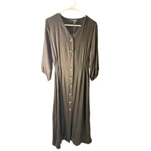 Heyson Front Button Rayon Black Elastic Waist Maxi Dress Size Large, NWT